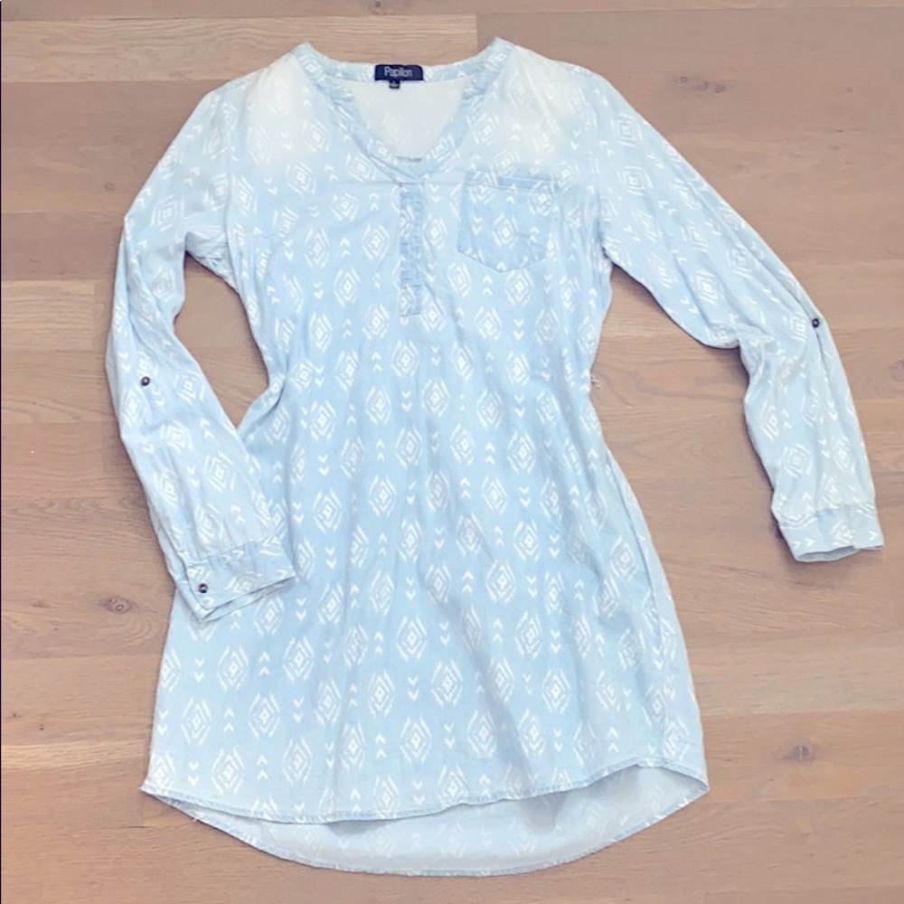 Long-sleeve Light Blue & White Jean Dress